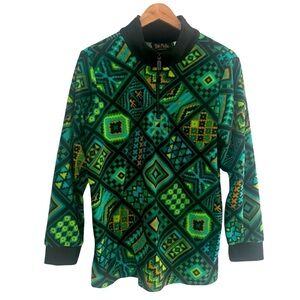 Bob Mackie Women’s Sz M Green Artsy 1/4 Zip Fleece Sweater Art Deco Art to Wear